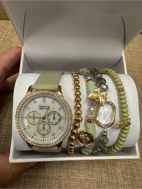 American Exchange Gold Tone Crystal Bezel Watch & Bracelet Set, Green Strap